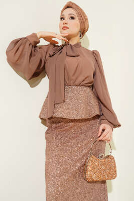 Parlak Pul Detaylı Abiye İkili Takım Kahve - İkili Takım