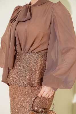 Parlak Pul Detaylı Abiye İkili Takım Kahve - İkili Takım