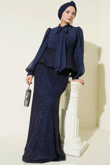 Parlak Pul Detaylı Abiye İkili Takım Lacivert - İkili Takım