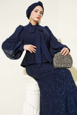 Parlak Pul Detaylı Abiye İkili Takım Lacivert - İkili Takım