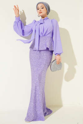 Parlak Pul Detaylı Abiye İkili Takım Lila - CNR TEKSTİL