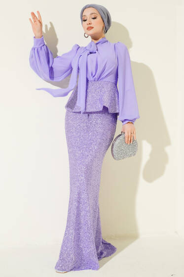 Parlak Pul Detaylı Abiye İkili Takım Lila - İkili Takım