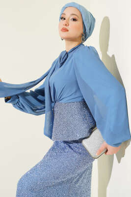 Parlak Pul Detaylı Abiye İkili Takım Mavi - CNR TEKSTİL