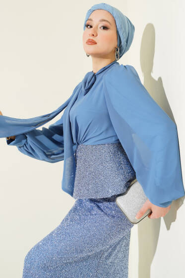 Parlak Pul Detaylı Abiye İkili Takım Mavi - İkili Takım