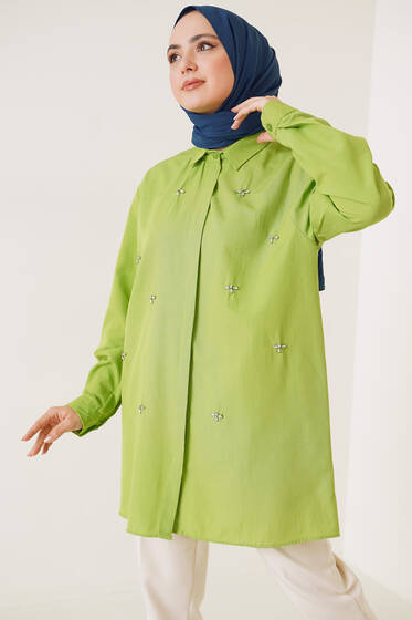Parlak Taş Detaylı Gömlek Fıstık Yeşil - Gömlek
