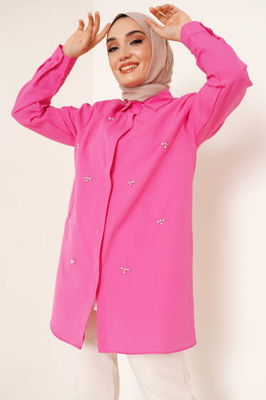 Parlak Taş Detaylı Gömlek Fuşya - Gömlek