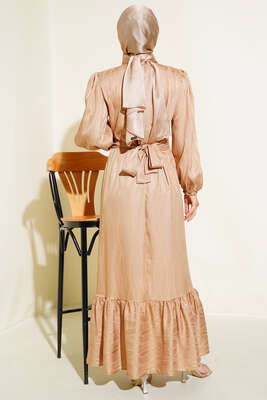 Parlak Taş Patlı Saten Elbise Latte - Tesettür Elbise