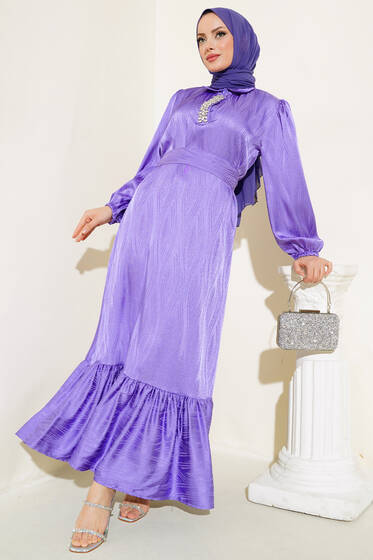 Parlak Taş Patlı Saten Elbise Lila - Elbise