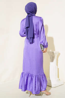 Parlak Taş Patlı Saten Elbise Lila - Thumbnail