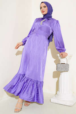 Parlak Taş Patlı Saten Elbise Lila - ELİF ARTAR