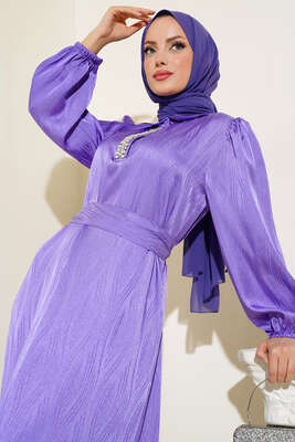 Parlak Taş Patlı Saten Elbise Lila - Tesettür Elbise