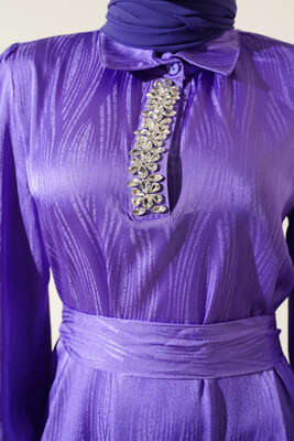 Parlak Taş Patlı Saten Elbise Lila - Tesettür Elbise