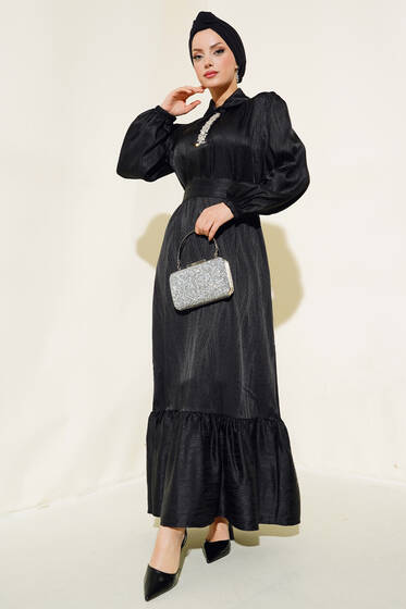 Parlak Taş Patlı Saten Elbise Siyah - Elbise