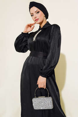 Parlak Taş Patlı Saten Elbise Siyah - Tesettür Elbise