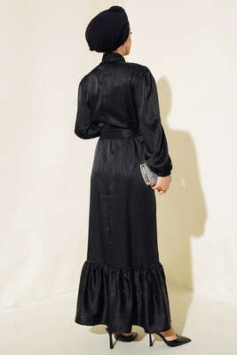 Parlak Taş Patlı Saten Elbise Siyah - Tesettür Elbise