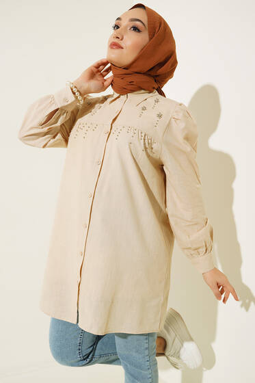 Parlak Taş Süsleme Detaylı Tunik Bej - Tunik