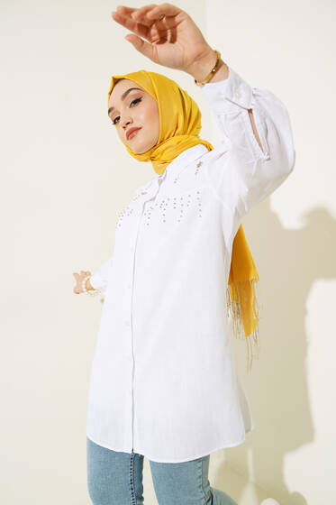 Parlak Taş Süsleme Detaylı Tunik Beyaz - Tunik