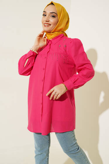 Parlak Taş Süsleme Detaylı Tunik Fusya - Tunik