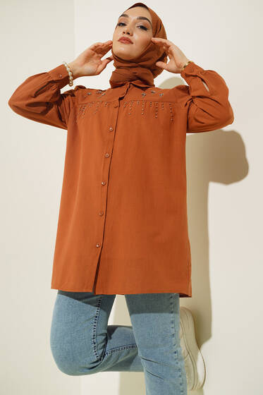 Parlak Taş Süsleme Detaylı Tunik Kahve - Tunik