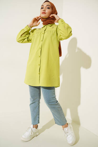 Parlak Taş Süsleme Detaylı Tunik Neon Yeşil - Tunik