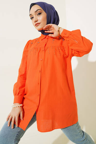 Parlak Taş Süsleme Detaylı Tunik Oranj - Tunik