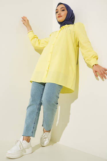 Parlak Taş Süsleme Detaylı Tunik Sarı - Tunik