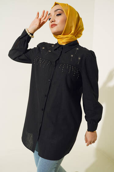 Parlak Taş Süsleme Detaylı Tunik Siyah - Tunik