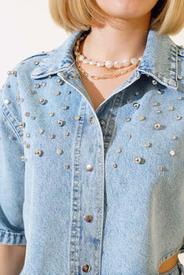 Parlak Taş Süslemeli Kısa Kot Ceket Mavi - Kadın Giyim Modelleri