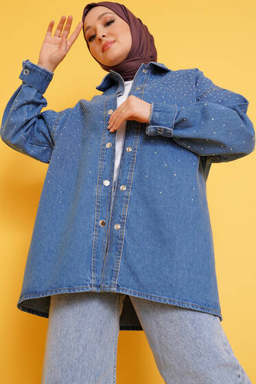 Parlak Taş Süslemeli Kot Mavisi Ceket - Ceket