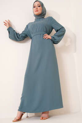 Parlak Taş Süslemeli Kuşaklı Elbise Çağla Yeşili - Thumbnail