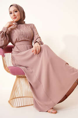 Parlak Taş Süslemeli Kuşaklı Elbise Latte - Thumbnail