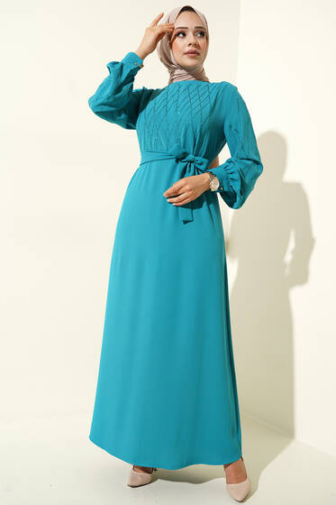 Parlak Taş Süslemeli Kuşaklı Elbise Mint - Elbise