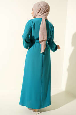 Parlak Taş Süslemeli Kuşaklı Elbise Mint - Elbise