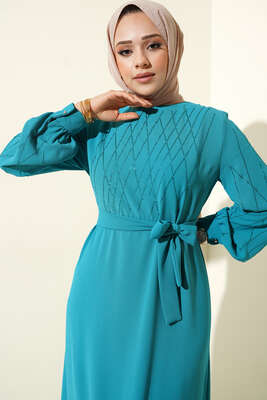 Parlak Taş Süslemeli Kuşaklı Elbise Mint - Thumbnail