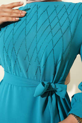 Parlak Taş Süslemeli Kuşaklı Elbise Mint - Thumbnail