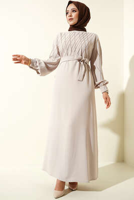 Parlak Taş Süslemeli Kuşaklı Elbise Taş - Thumbnail