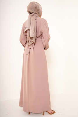 Parlak Taş Süslemeli Kuşaklı Elbise Vizon - Thumbnail