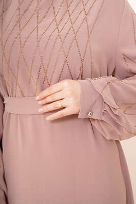 Parlak Taş Süslemeli Kuşaklı Elbise Vizon - Thumbnail
