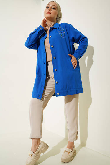 Parlak Taş Süslemeli Metal Düğmeli Ceket Saks - Ceket