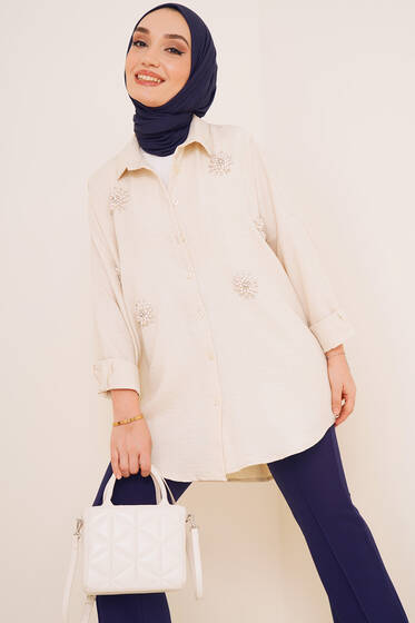 Parlak Taş Süslemeli Oversize Gömlek Bej - Gömlek