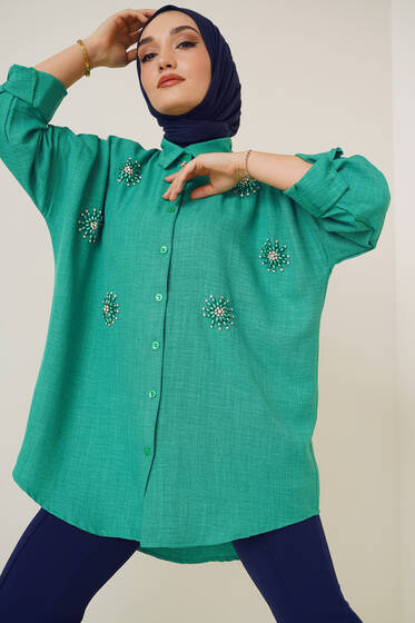 Parlak Taş Süslemeli Oversize Gömlek Benetton - Gömlek