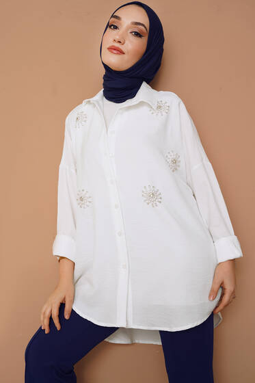 Parlak Taş Süslemeli Oversize Gömlek Ekru - Gömlek