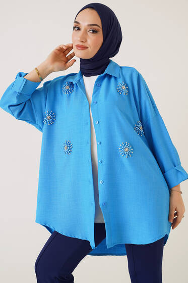 Parlak Taş Süslemeli Oversize Gömlek Mavi - Gömlek