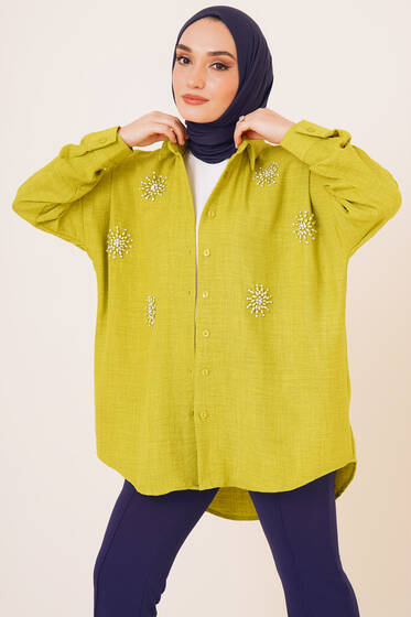 Parlak Taş Süslemeli Oversize Gömlek Neon Yeşil - Gömlek