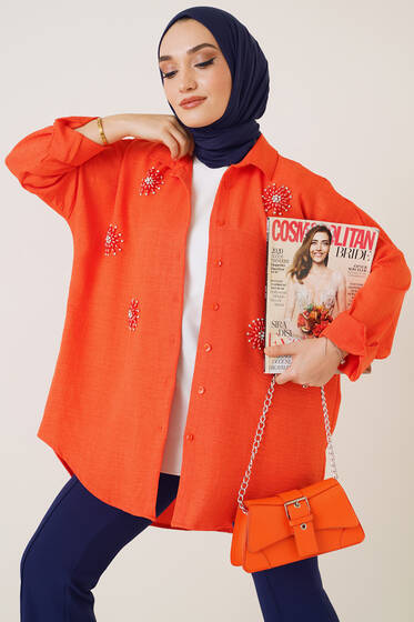 Parlak Taş Süslemeli Oversize Gömlek Oranj - Gömlek