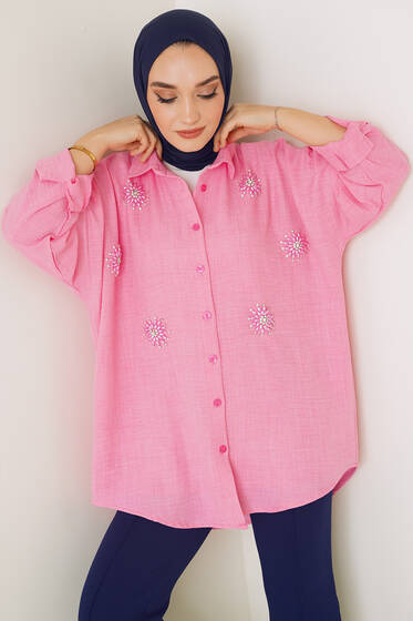 Parlak Taş Süslemeli Oversize Gömlek Pembe - Gömlek