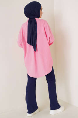 Parlak Taş Süslemeli Oversize Gömlek Pembe - Gömlek