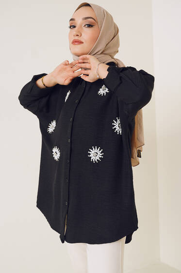 Parlak Taş Süslemeli Oversize Gömlek Siyah - Gömlek