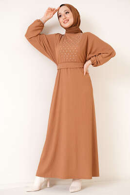 Parlak Taşlı Bürümcük Elbise Camel 