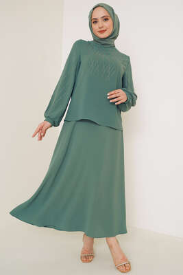 Parlak Taşlı Etekli İkili Takım Çağla Yeşili - ÇOK SATANLAR